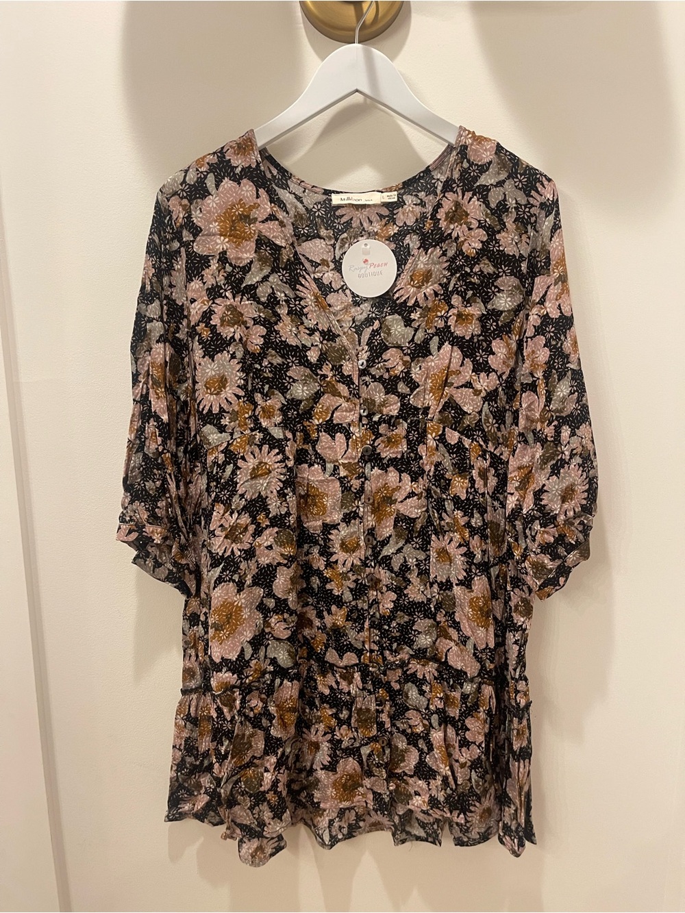 Millibon Black Floral V-Neck Tiered  Dress with Blush and Gold Accents